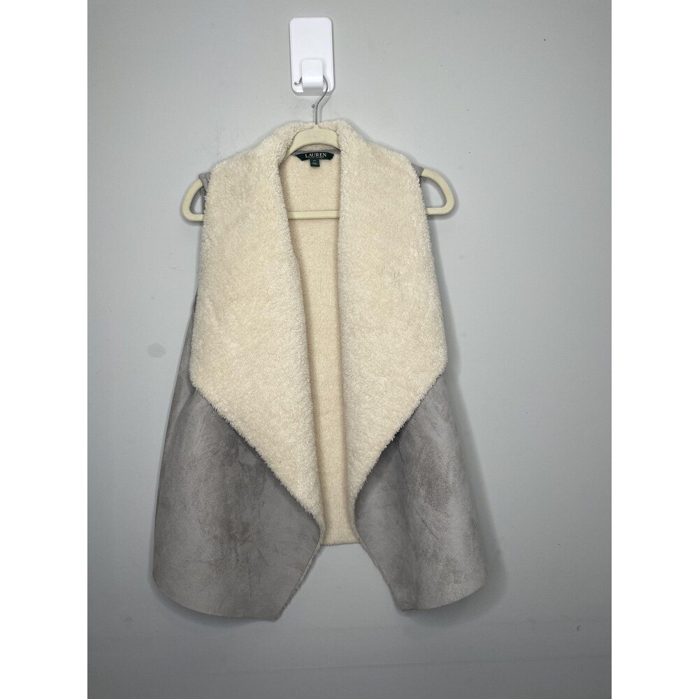 Lauren Ralph Lauren Vest Womens XL Gray Faux Suede Sherpa Open Front Cozy